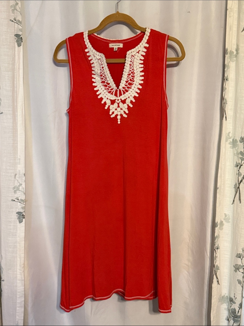 Max Studio Red Sleeveless Midi Dress with White Crochet Neckline